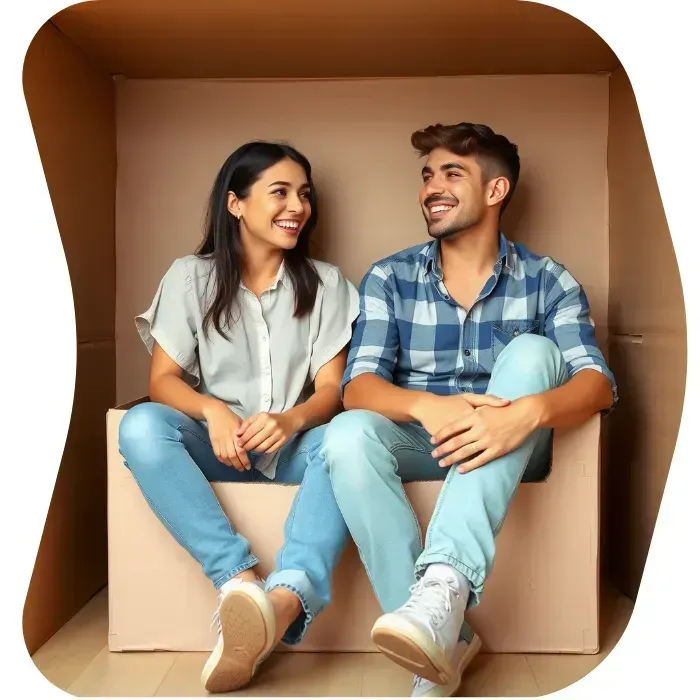 Two guys sitting on the floor of their apartment with Muval moving boxes