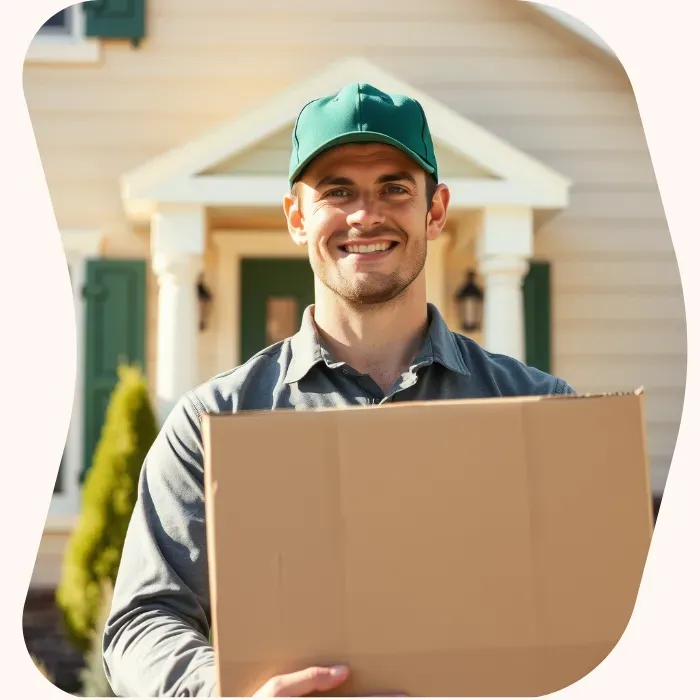 Two removalists moving boxes up stairs